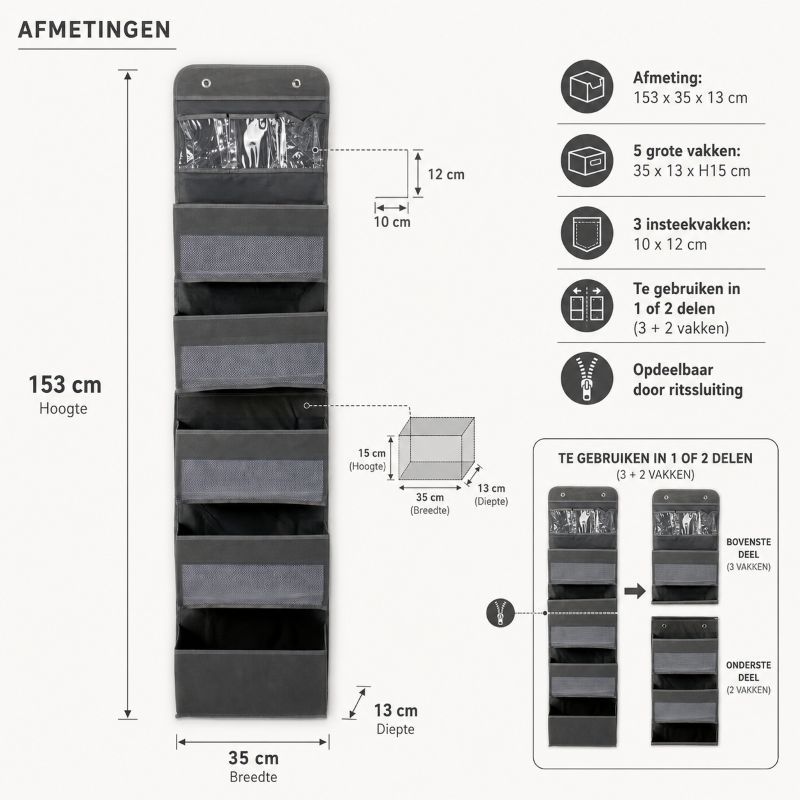 Deurorganizer met 5 vakken — afmetingen