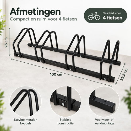 Ceruzo Fietsenrek Voor 4 Fietsen - 100 Cm - Vloermontage - Zwart